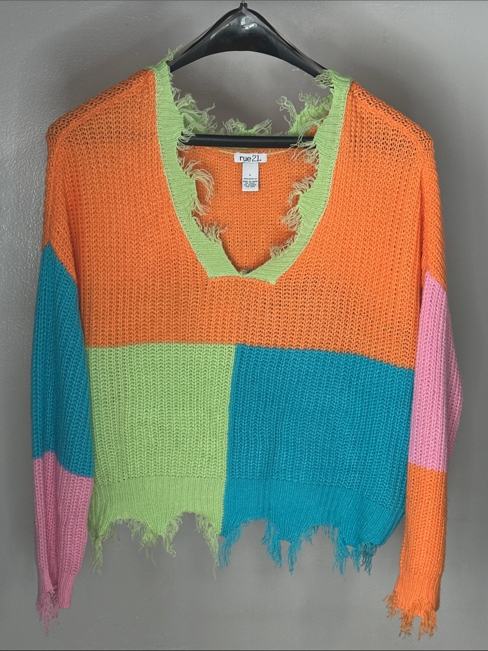 Rue21 Distressed Colorblock V-Neck Sweater in Orange, Green, Blue, Pink